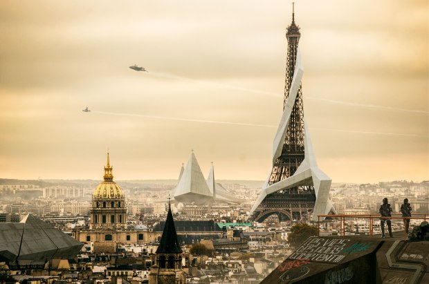 scifi science fiction sciencefiction scenery Paris 2029 year imaginative drawing airplanes spaceships flying over city creator duster132